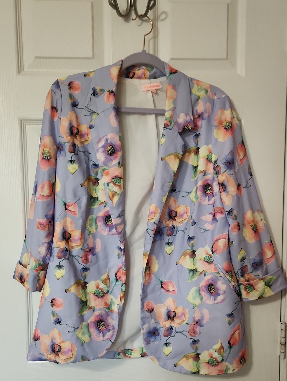 re:named Lavender Floral Blazer with Multicolor Watercolor Print